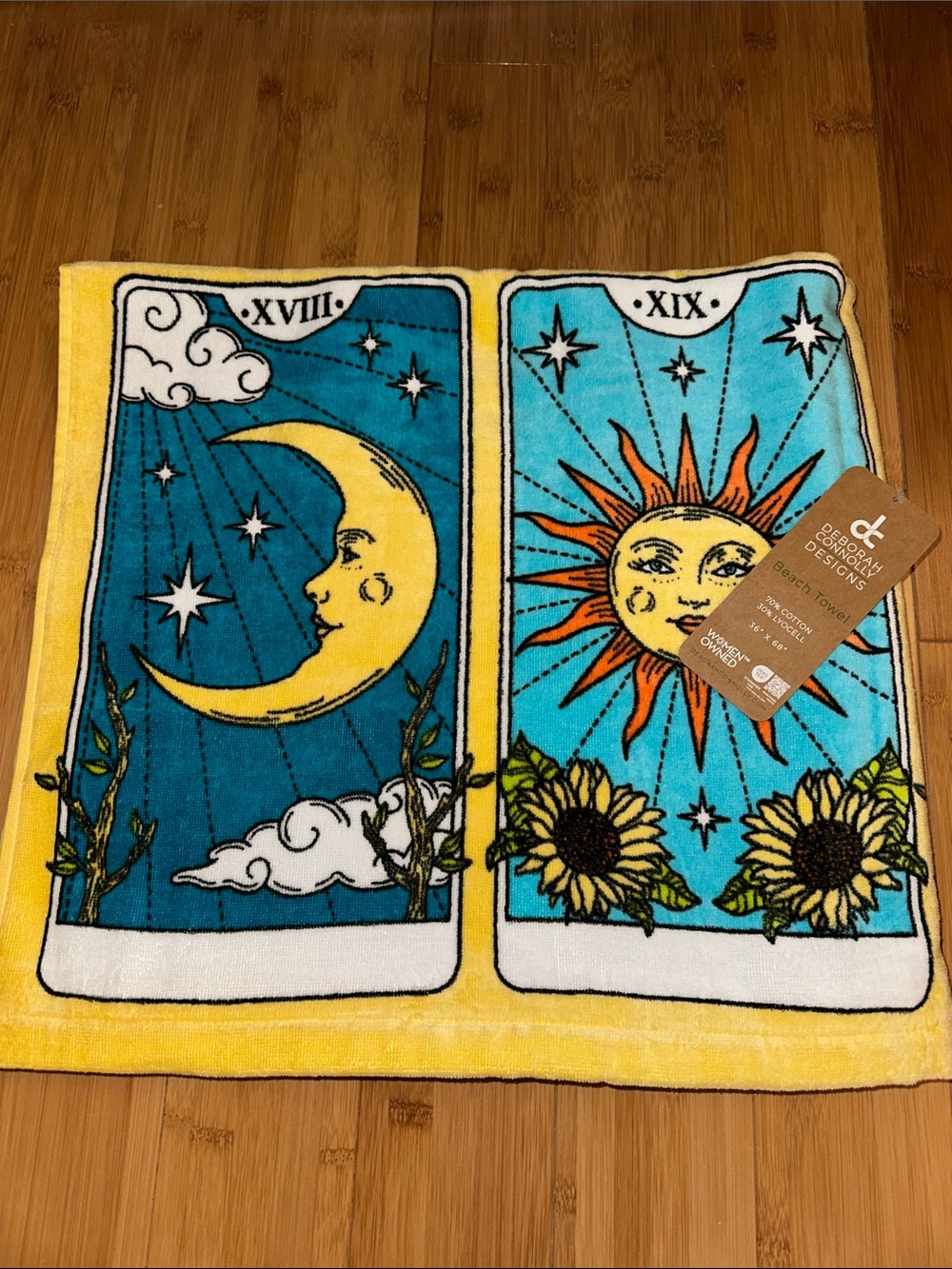 Celestial Sun & Moon Yellow Beach Towel by Deborah Gregory Designs